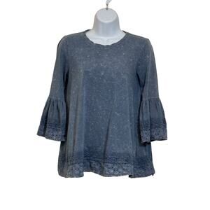 Altar’d State Chambray Boho Blouse Small | Crochet Trim Bell Sleeve Top